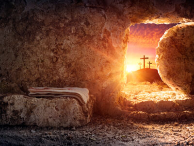 Tomb Empty With Shroud And Crucifixion At Sunrise – Resurrection