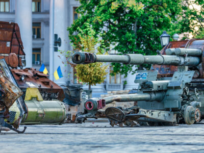 Destroyed Russian military equipment on display in the center of Kyiv on Mikhailovskaya Square. War in Ukraine, tanks, armored personnel carriers