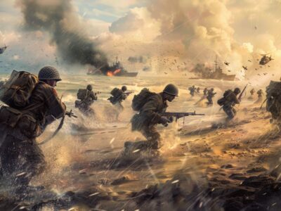 D-Day Normandy Invasion concept art with soldiers landing on beach and warships in background